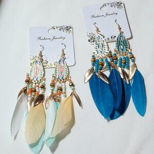 Lot of two feathered earrings blue & multi colored costume gold tone NIP